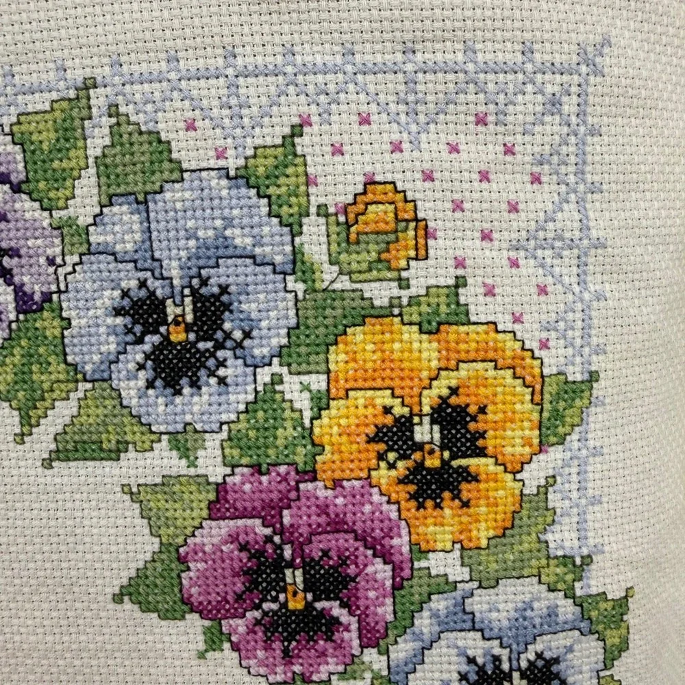 VTG Handmade Pansy Wreath Cross Stitch Ruffle Throw Pillow Floral Cottagecore